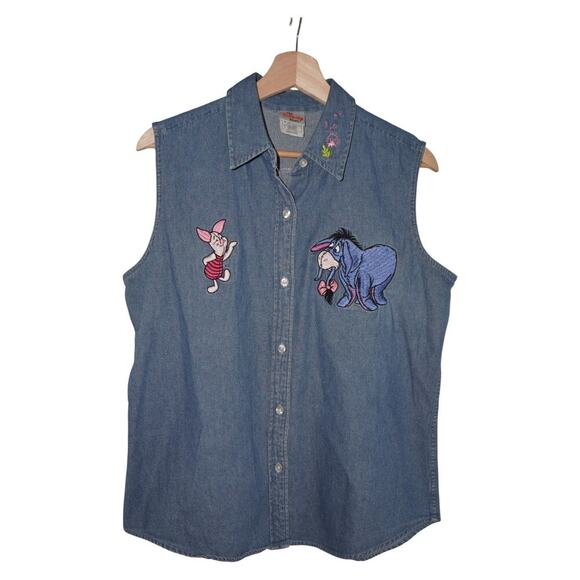 Vintage Disney Store Denim Shirt Eeyore Piglet Embroidered Sleeveless Large - Picture 1 of 6